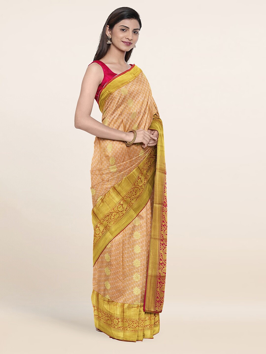 

Pothys Peach-Coloured & Red Ethnic Motifs Zari Pure Silk Saree