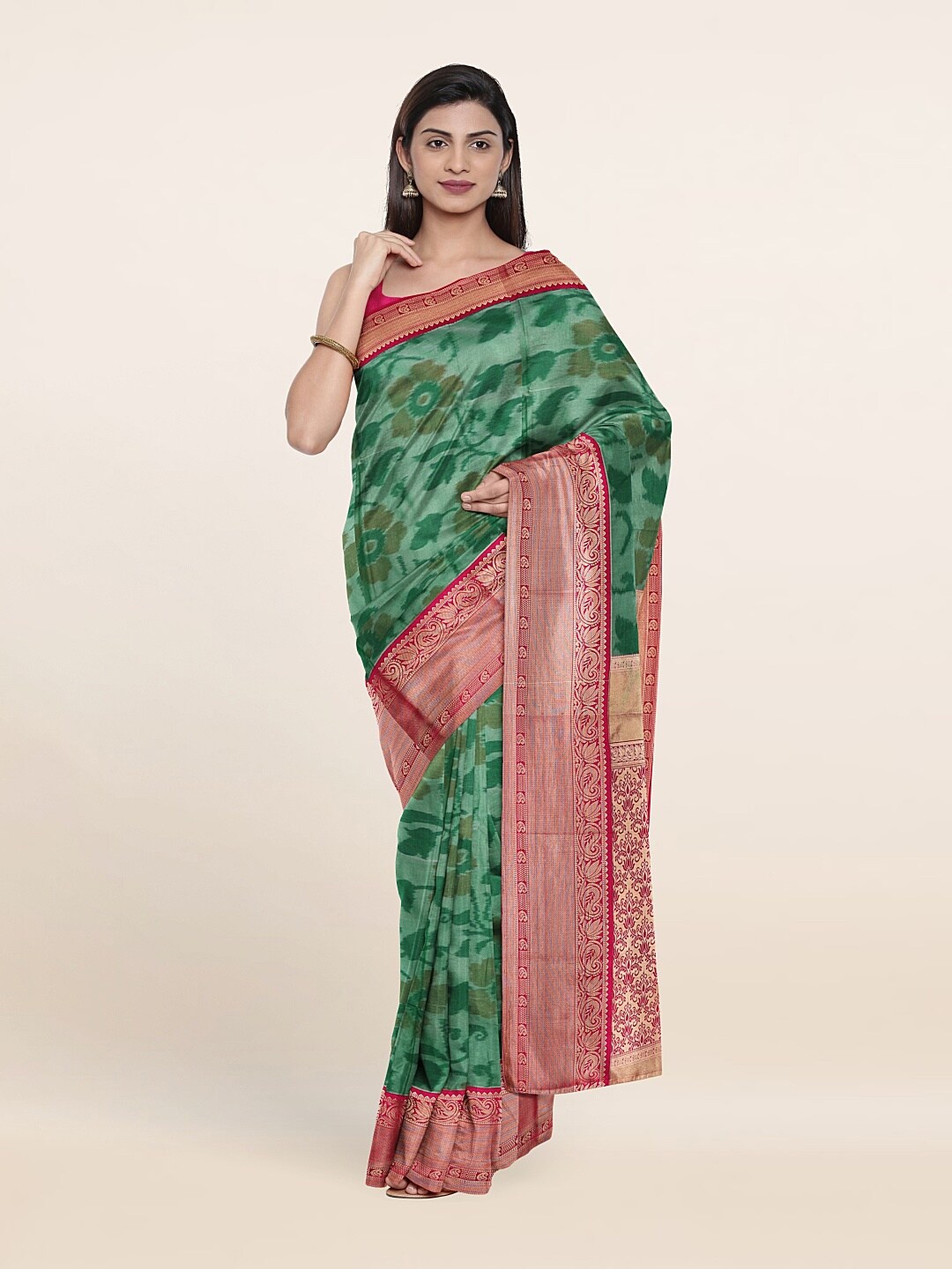 

Pothys Green & Red Floral Zari Pure Silk Saree