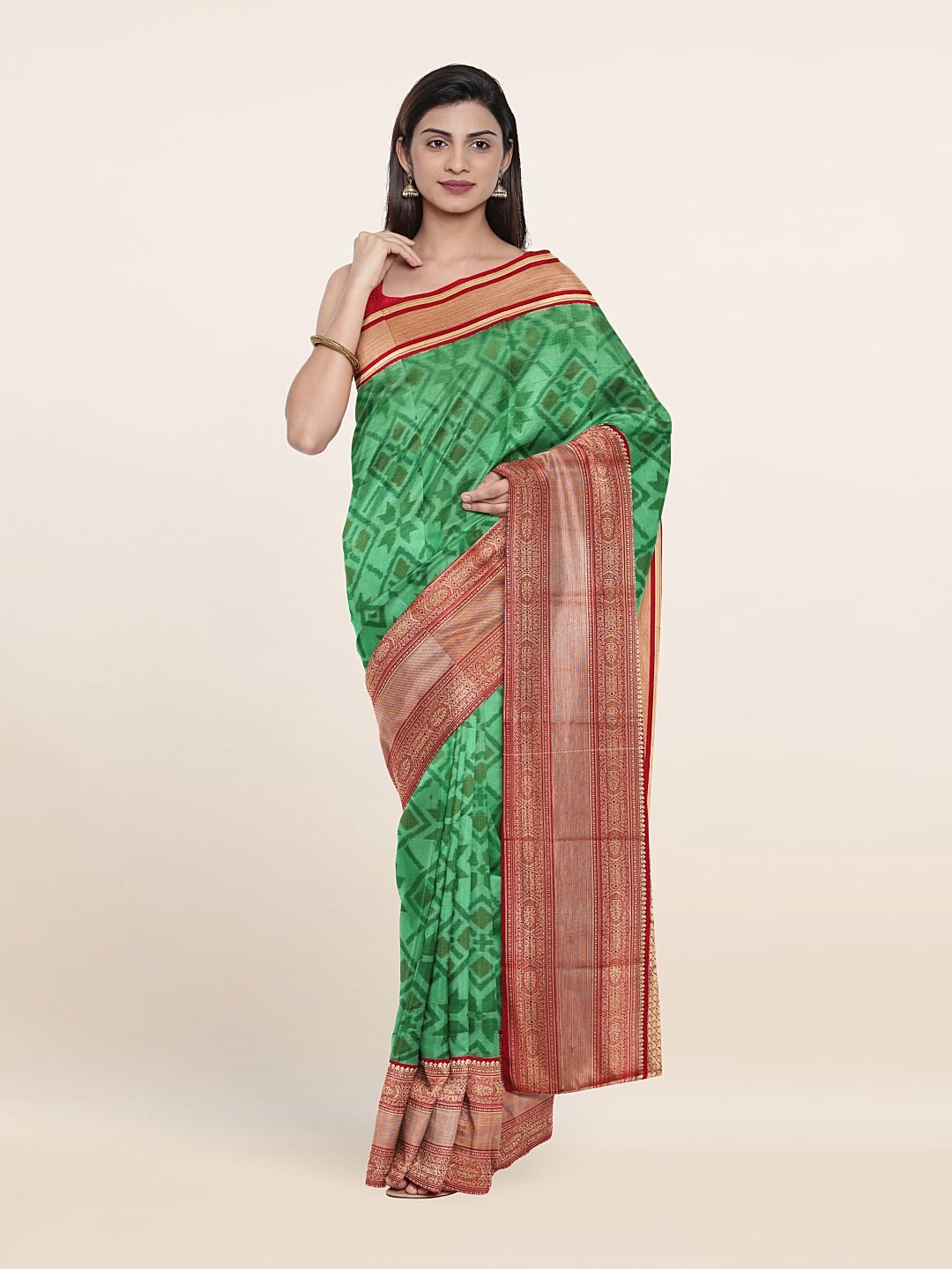 

Pothys Green & Orange Floral Zari Pure Silk Saree