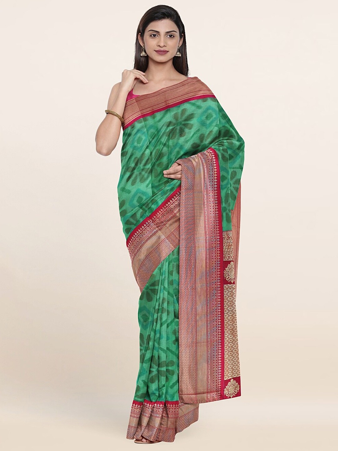 

Pothys Green & Red Floral Zari Pure Silk Saree