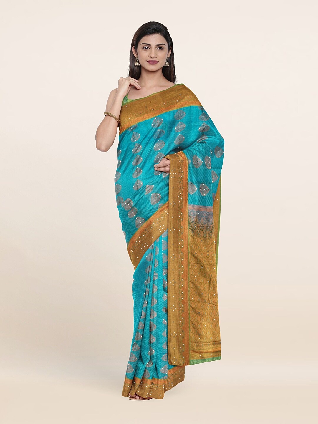 

Pothys Blue & Rust Woven Design Zari Embellished Pure Silk Saree