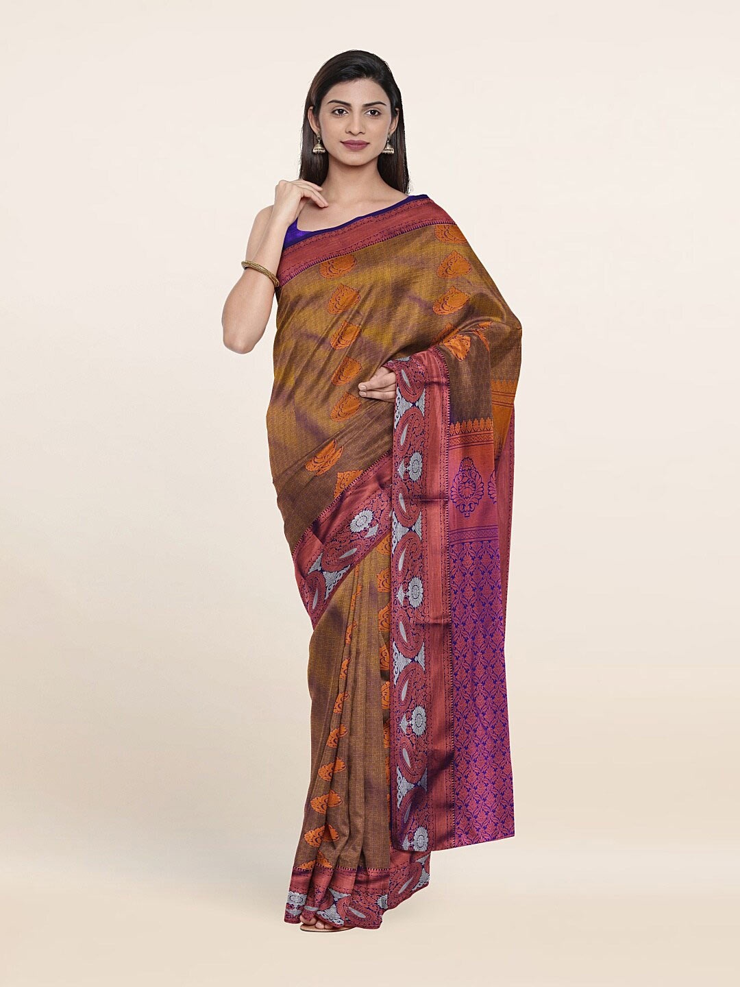 

Pothys Brown & Navy Blue Floral Woven Design Pure Silk Saree