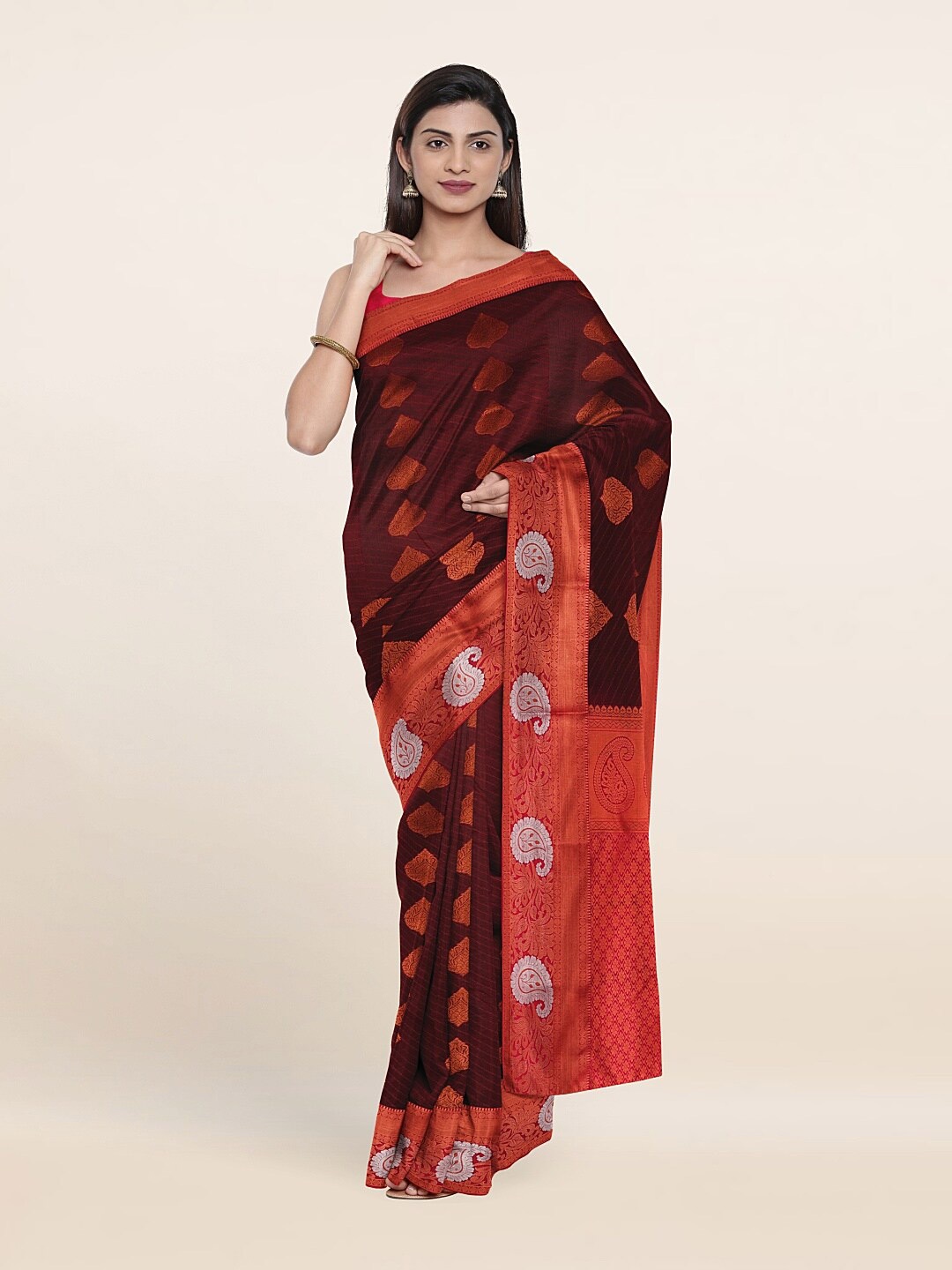 

Pothys Maroon & Gold-Toned Woven Design Zari Pure Silk Saree