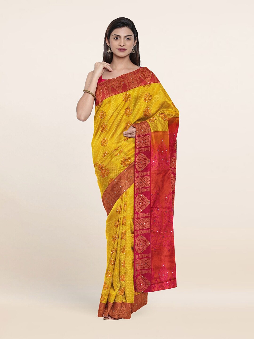

Pothys Yellow & Red Floral Zari Pure Embellished Silk Saree