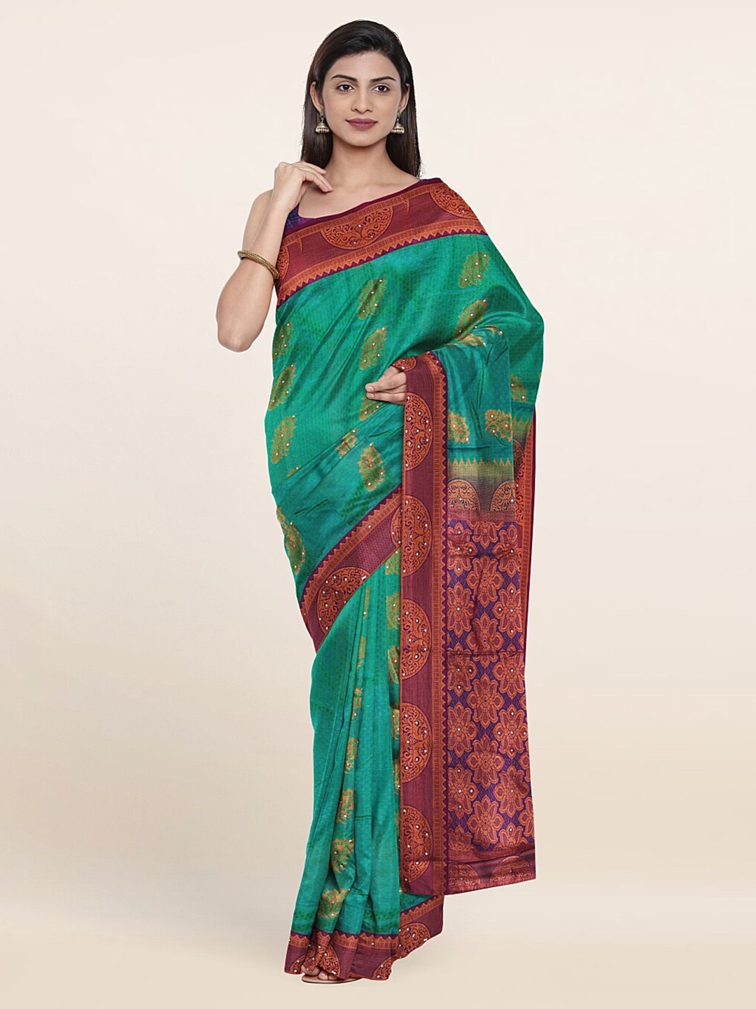 

Pothys Green & Blue Floral Woven Design Zari Pure Silk Saree