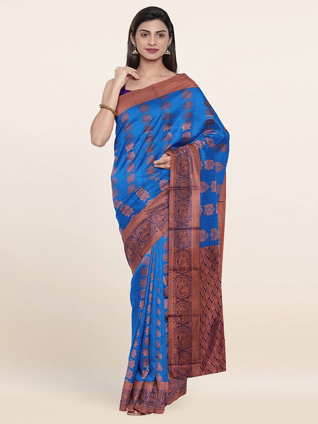 

Pothys Blue & Brown Floral Woven Design Zari Pure Silk Saree