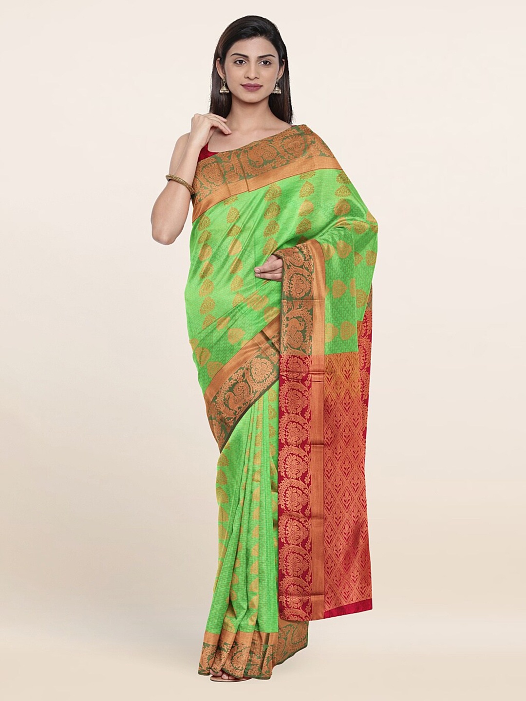 

Pothys Green & Magenta Floral Zari Pure Silk Saree