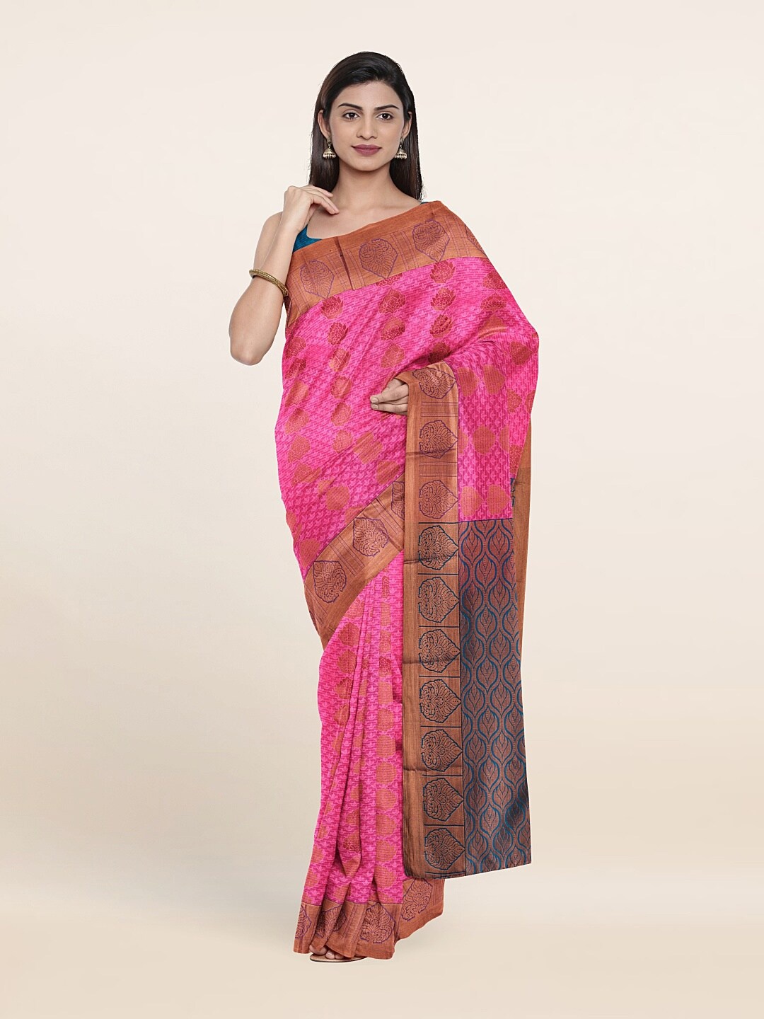 

Pothys Pink & Blue Ethnic Motifs Woven Design Zari Pure Silk Saree