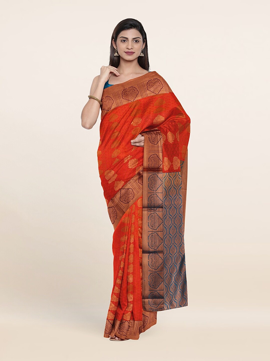 

Pothys Orange & Navy Blue Ethnic Motifs Woven Design Zari Pure Silk Saree