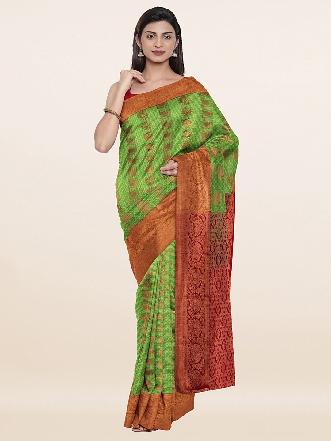 

Pothys Green & Orange Ethnic Motifs Woven Design Zari Pure Silk Saree