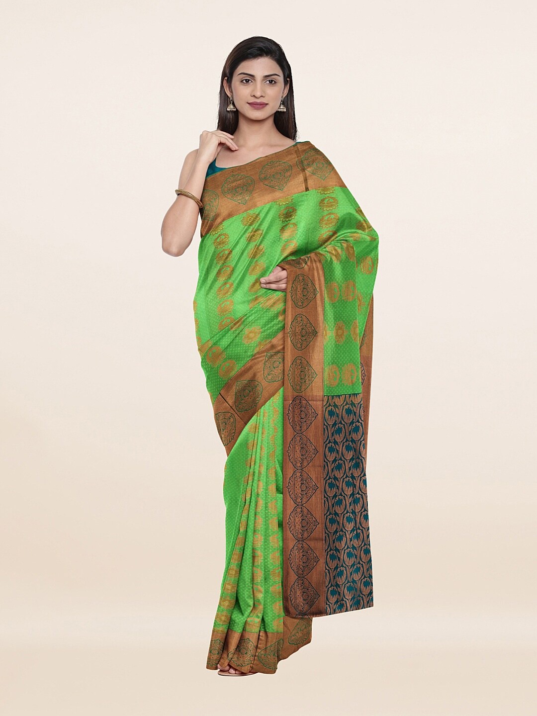 

Pothys Green & Gold-Toned Floral Woven Design Pure Silk Saree