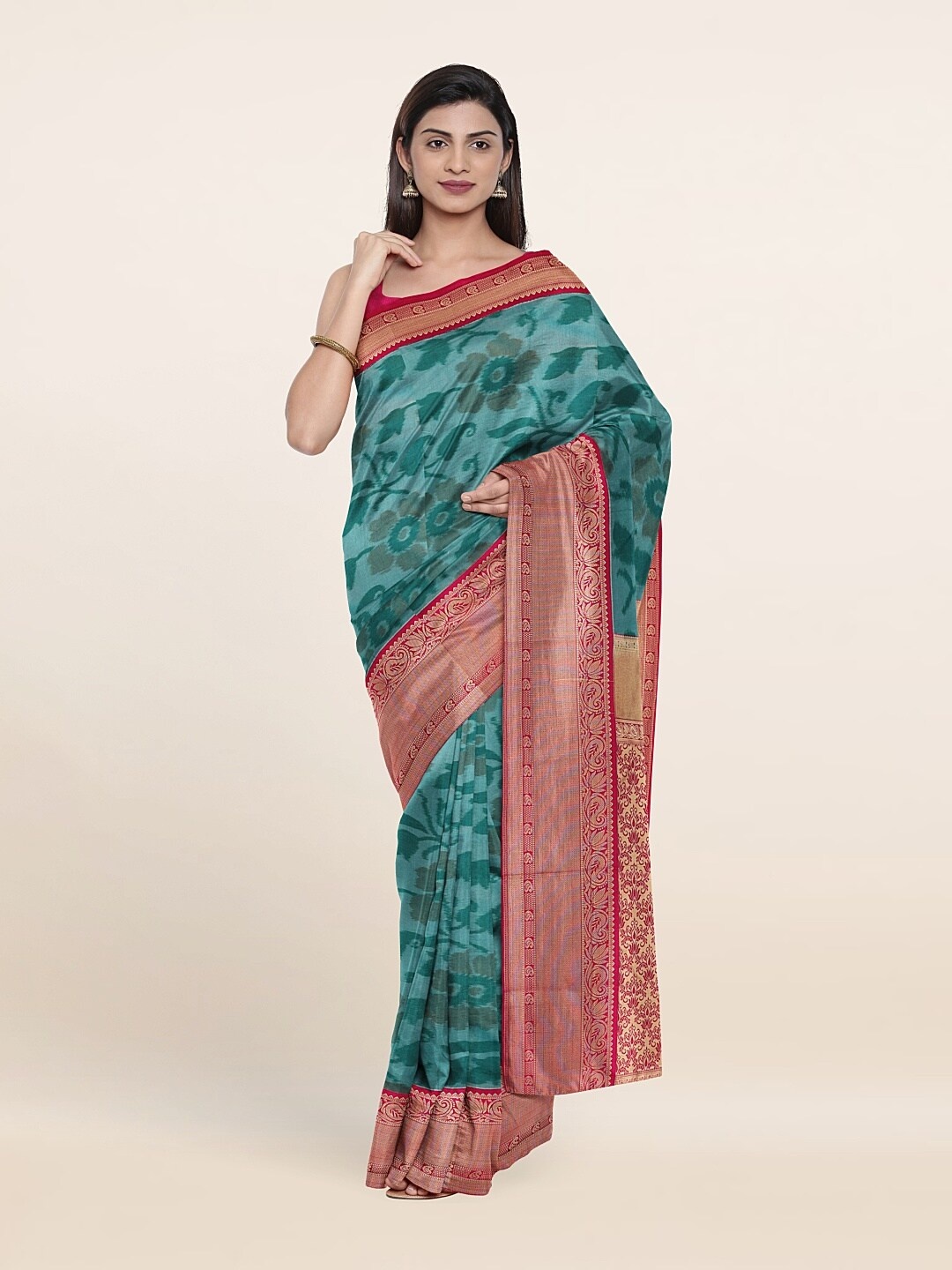 

Pothys Blue & Pink Floral Woven Design Pure Silk Saree