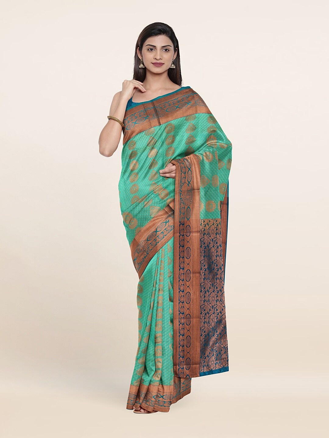 

Pothys Green & Copper-Toned Floral Woven Design Pure Silk Saree