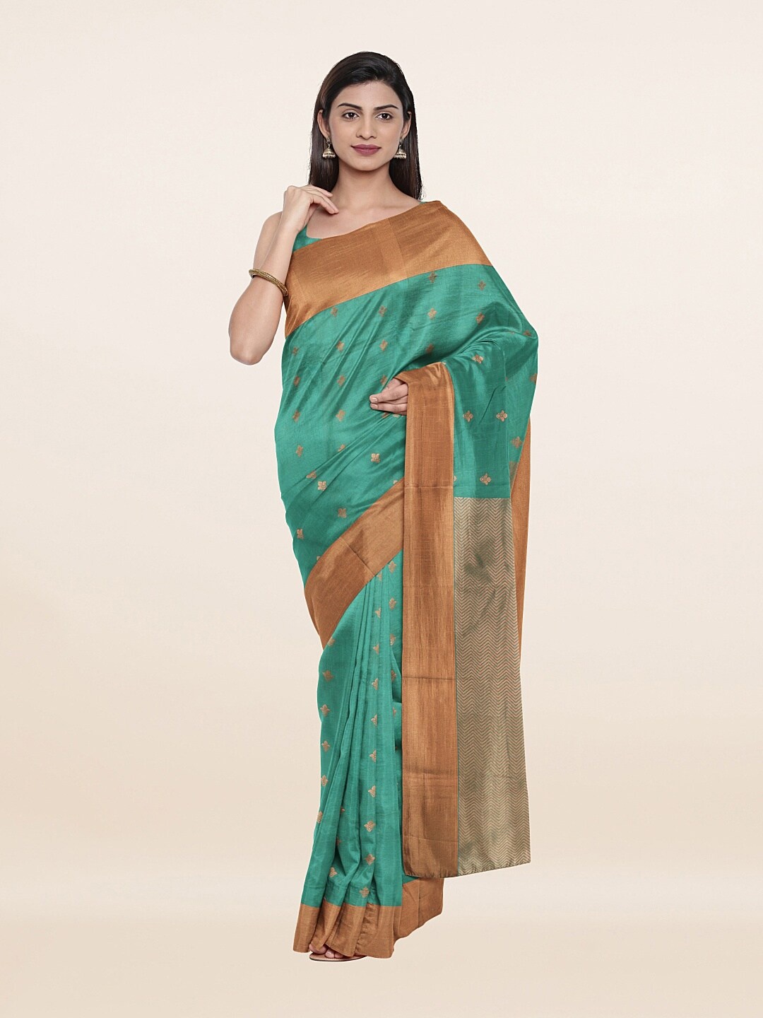 

Pothys Green & Gold-Toned Woven Design Silk Saree