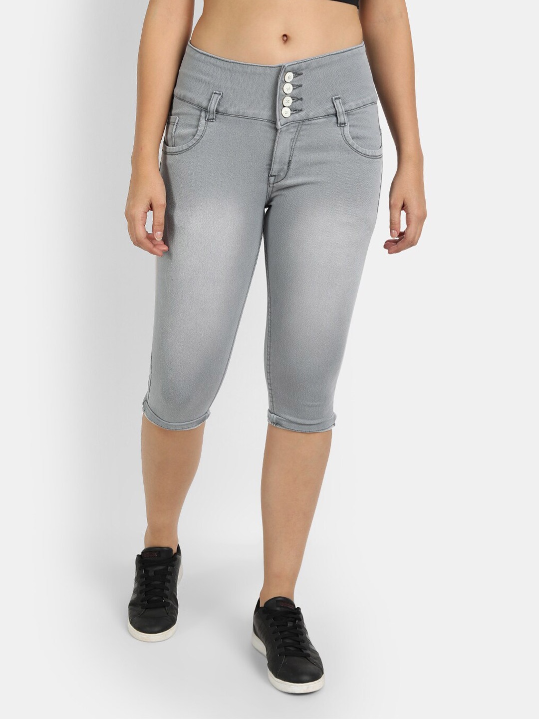 

Next One Women Grey Solid Skinny Fit Cotton Capris