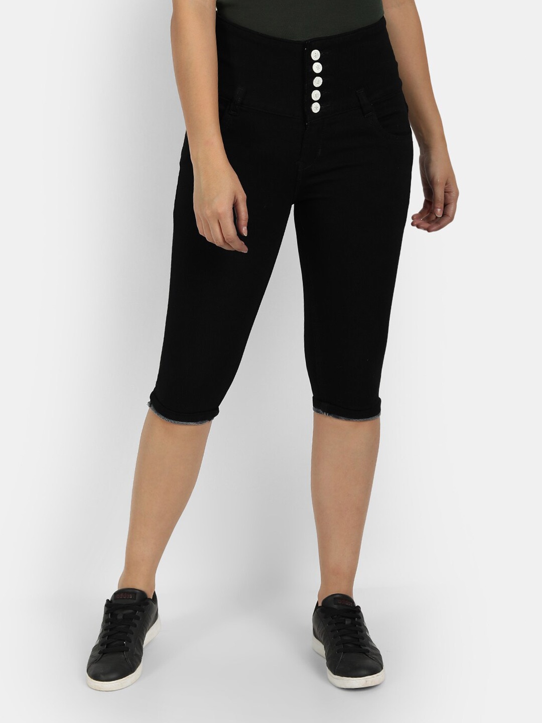 

Next One Women Black Solid Skinny Fit Cotton Capris