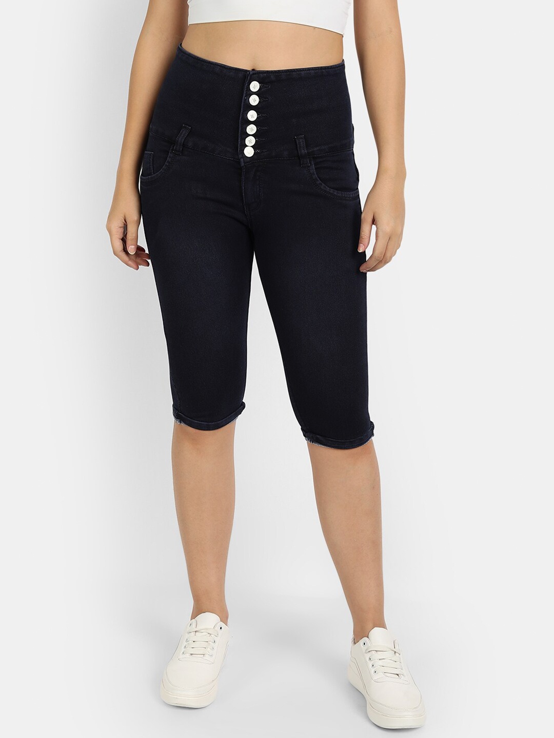 

Next One Women Blue Solid Skinny Fit Cotton Capris