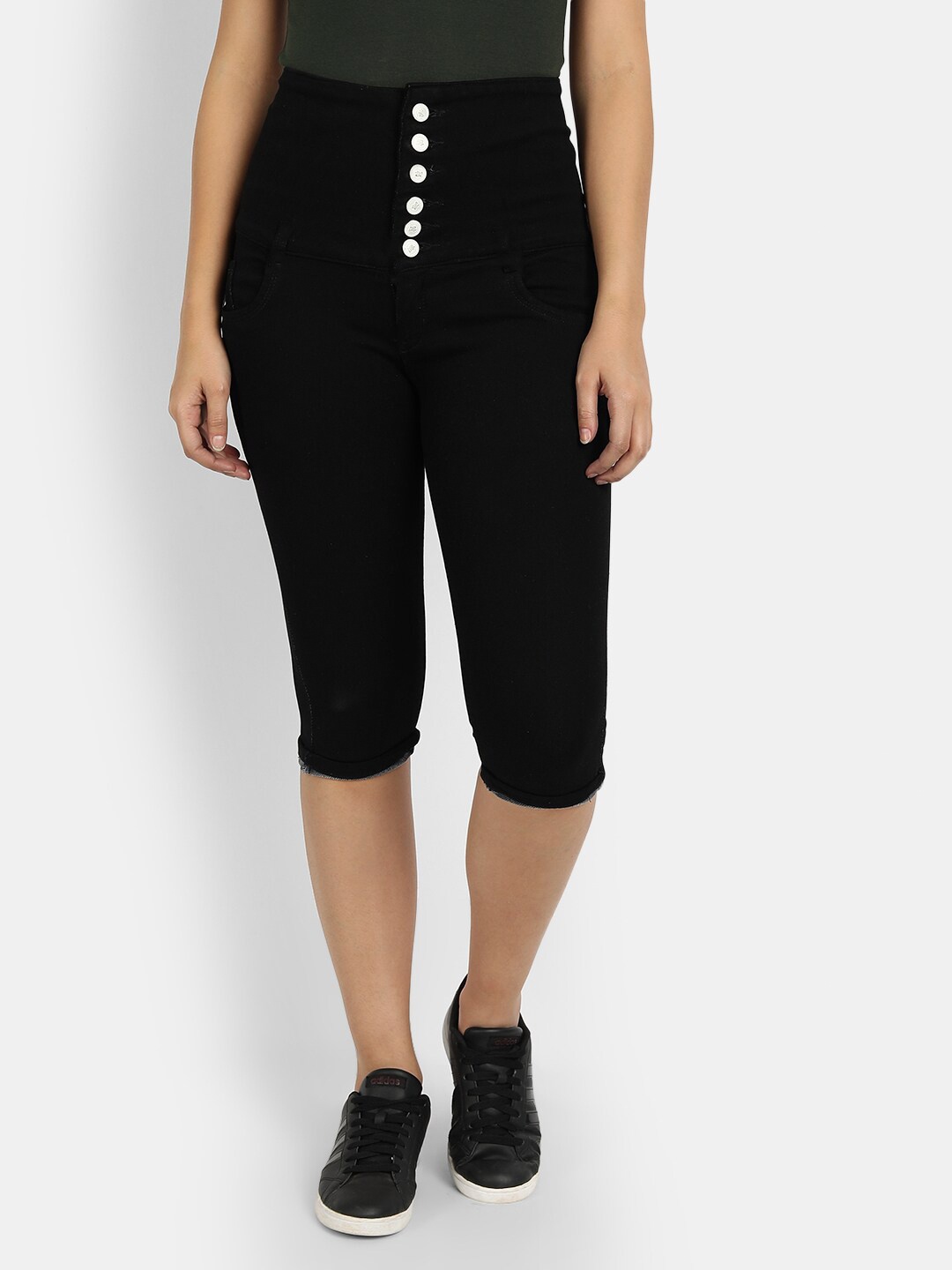 

Next One Women Black Solid Skinny Fit Cotton Capris