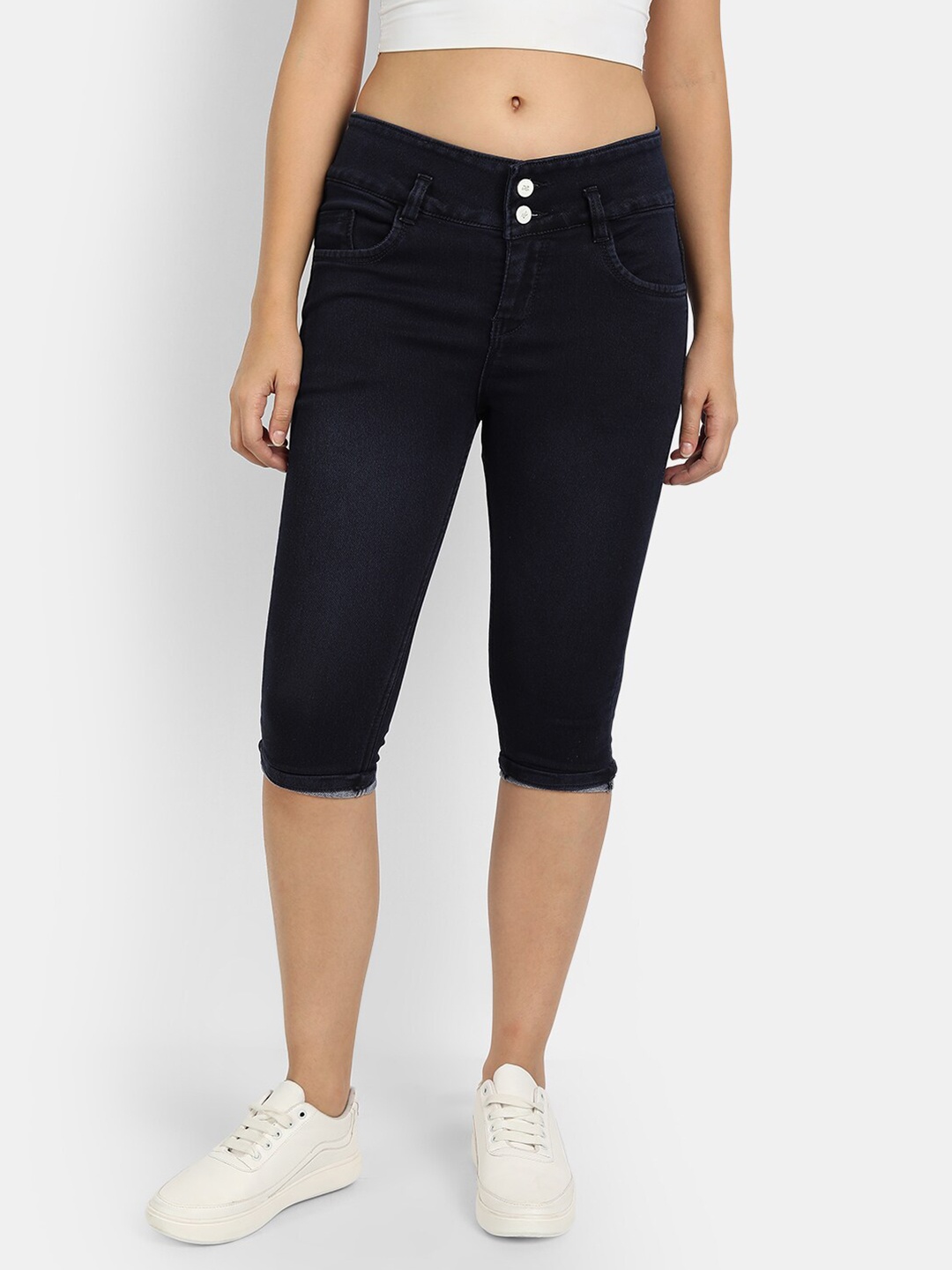 

Next One Women Blue Solid Skinny Fit Cotton Capris