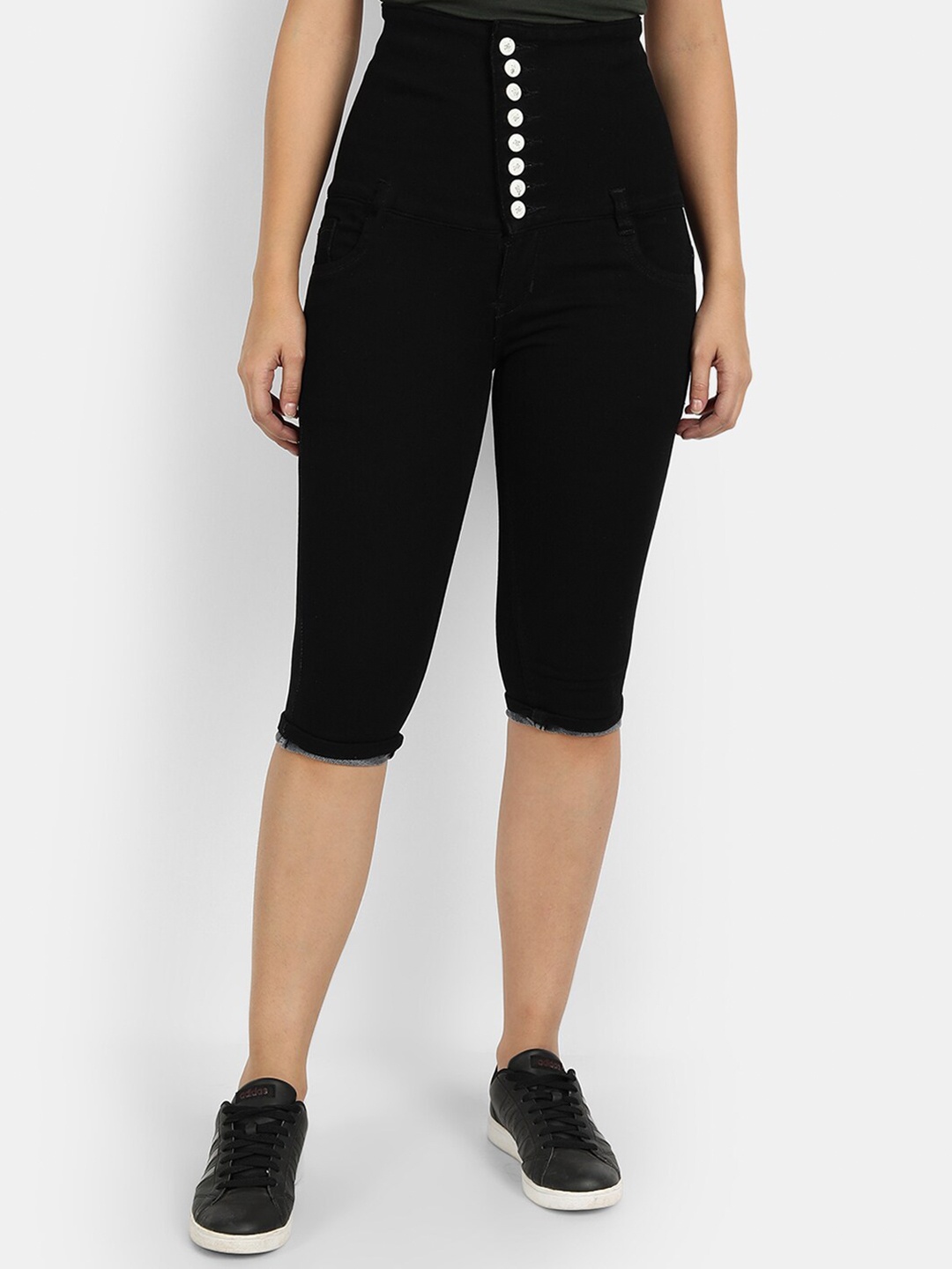

Next One Women Black Solid Skinny Fit Cotton Capris