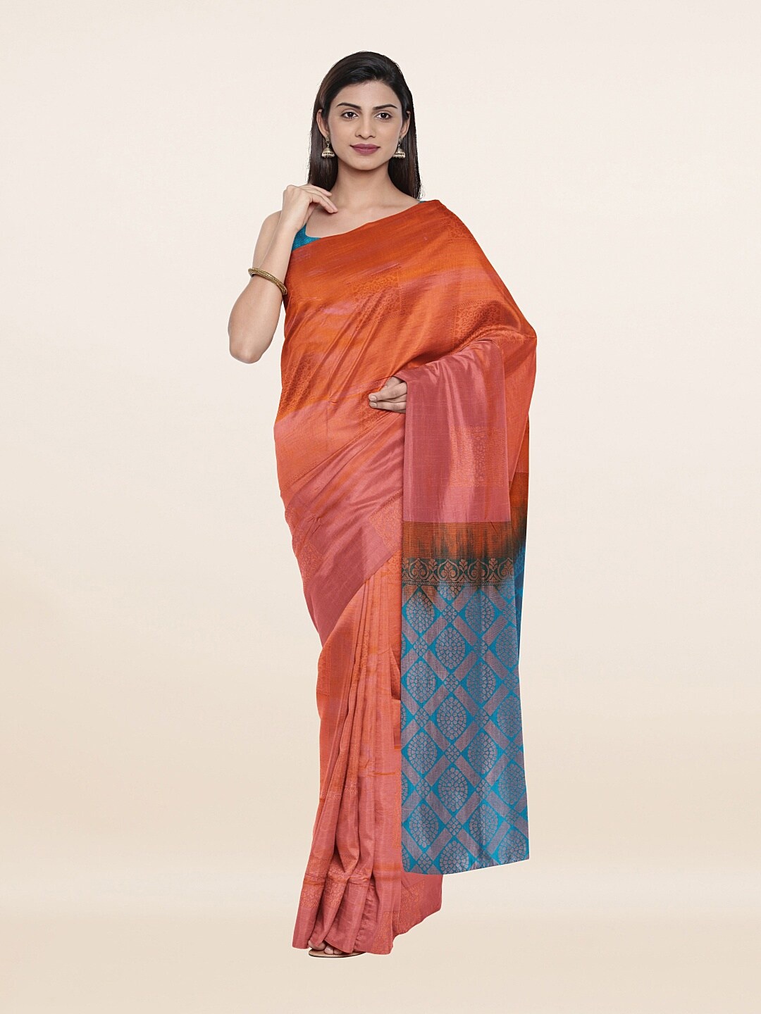 

Pothys Peach-Coloured & Blue Woven Design Art Silk Saree