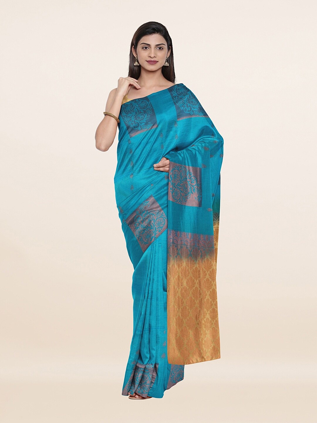 

Pothys Blue & Gold-Toned Woven Design Art Silk Saree