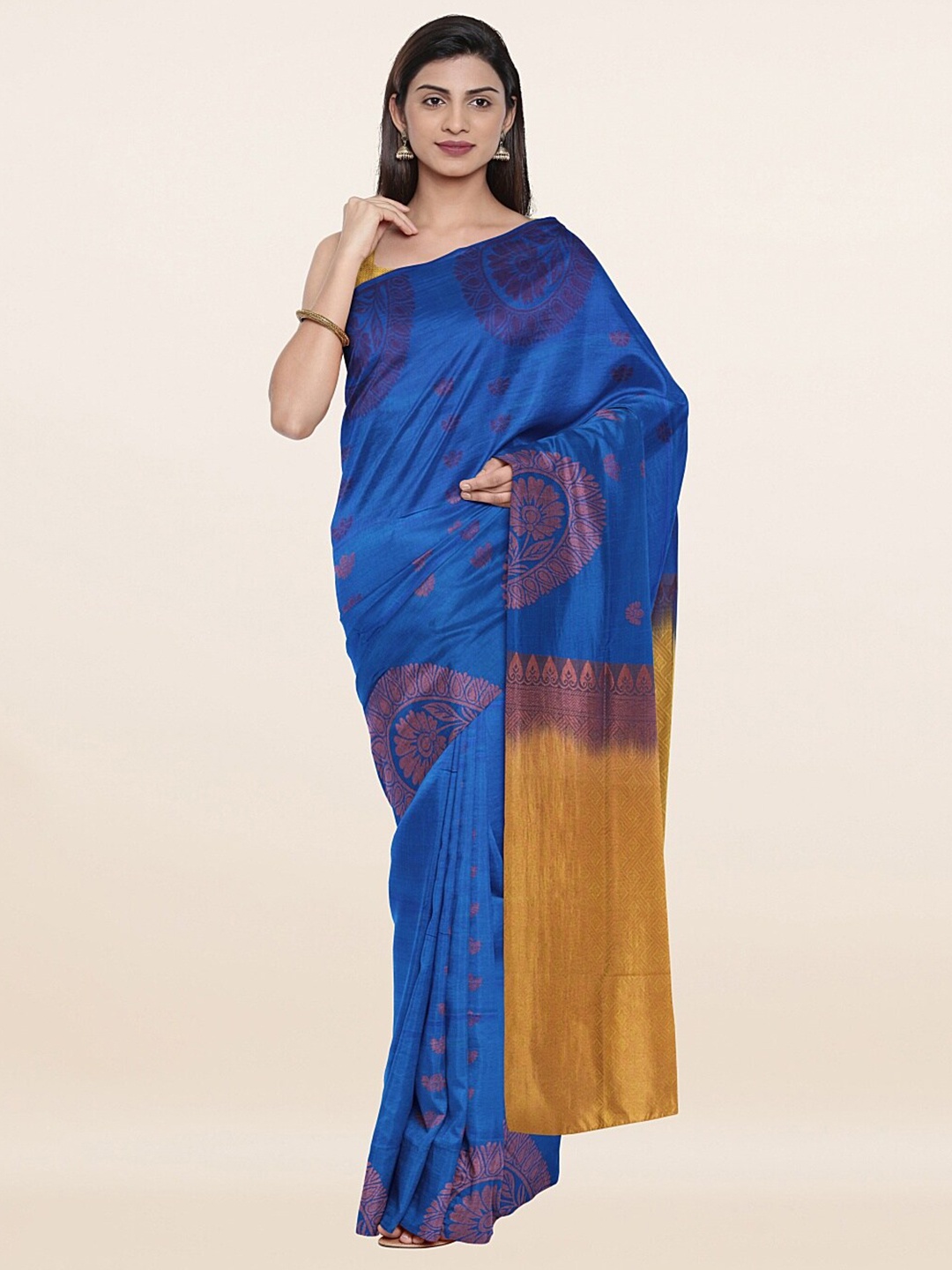 

Pothys Blue & Mustard Ethnic Motifs Zari Art Silk Saree