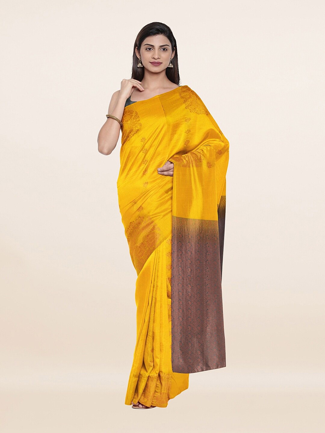 

Pothys Yellow & Gold-Toned Ethnic Motifs Zari Art Silk Saree