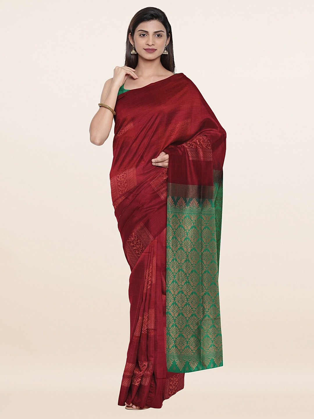 

Pothys Maroon & Green Ethnic Motifs Zari Art Silk Saree