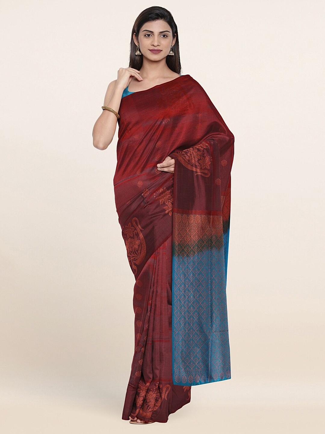 

Pothys Maroon & Blue Ethnic Motifs Zari Art Silk Saree