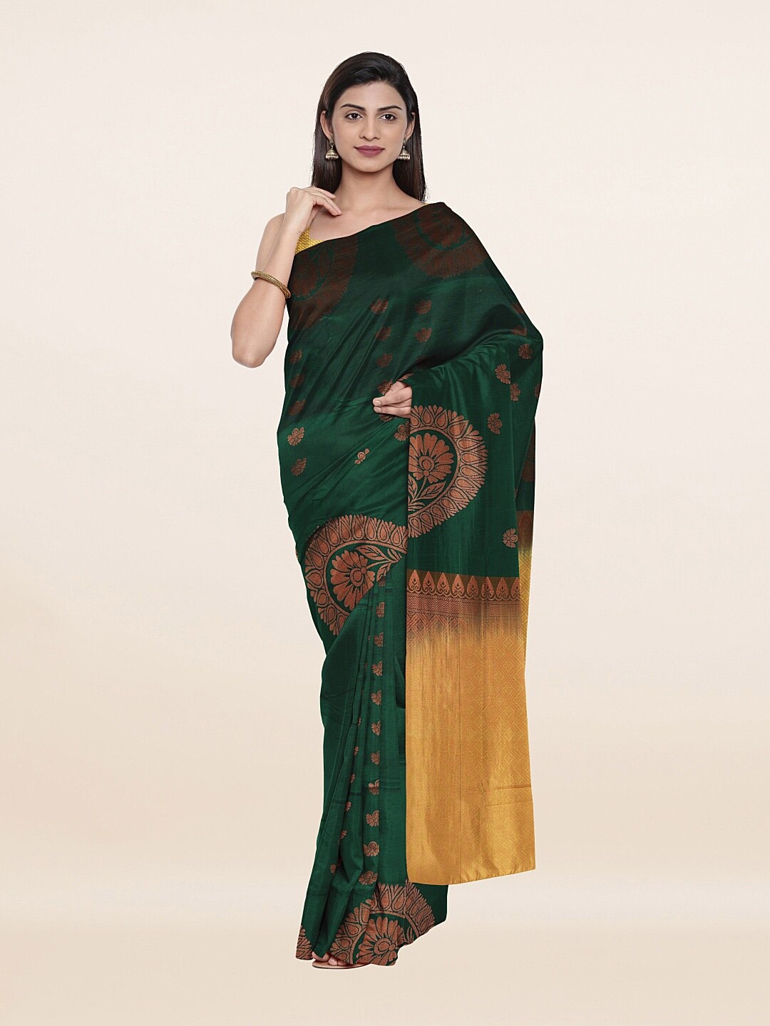 

Pothys Green & Yellow Ethnic Motifs Zari Art Silk Saree