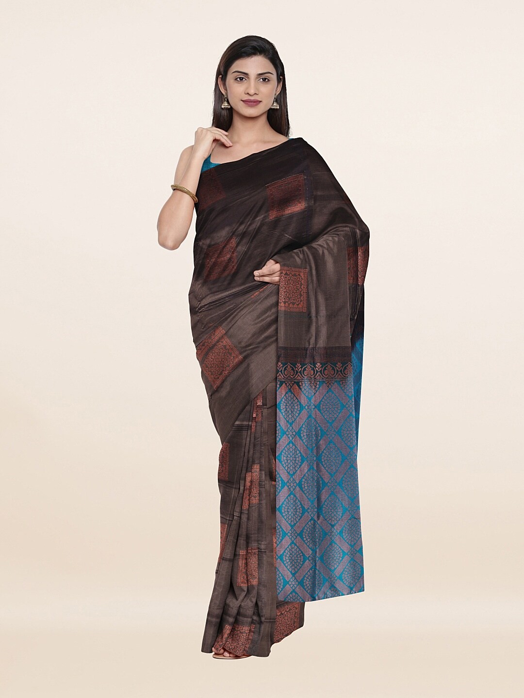 

Pothys Grey & Blue Ethnic Motifs Zari Art Silk Saree