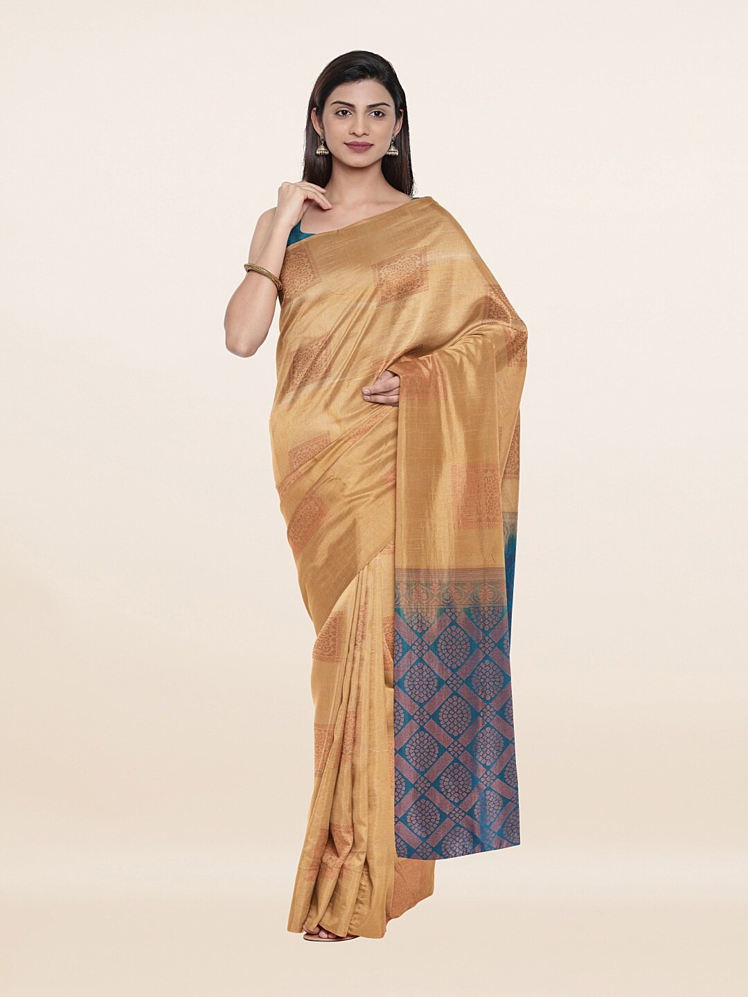 

Pothys Cream-Coloured & Grey Ethnic Motifs Zari Art Silk Saree