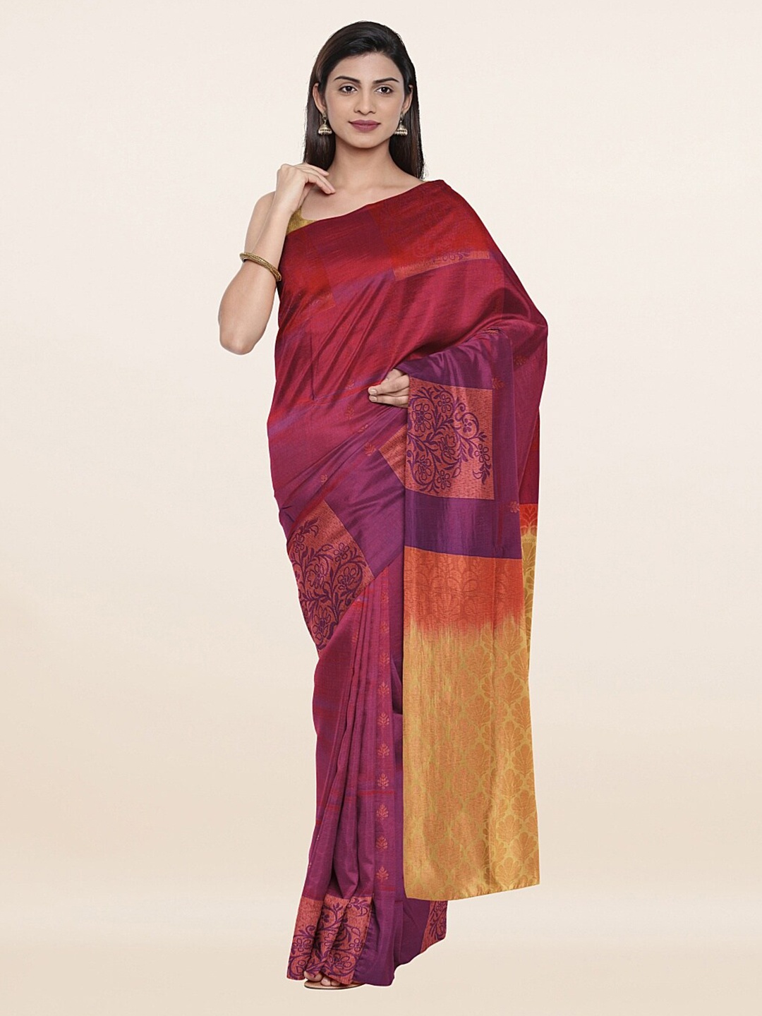 

Pothys Purple & Gold-Toned Ethnic Motifs Zari Art Silk Saree