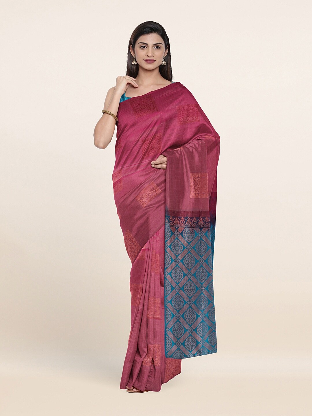 

Pothys Pink & Blue Ethnic Motifs Zari Art Silk Saree