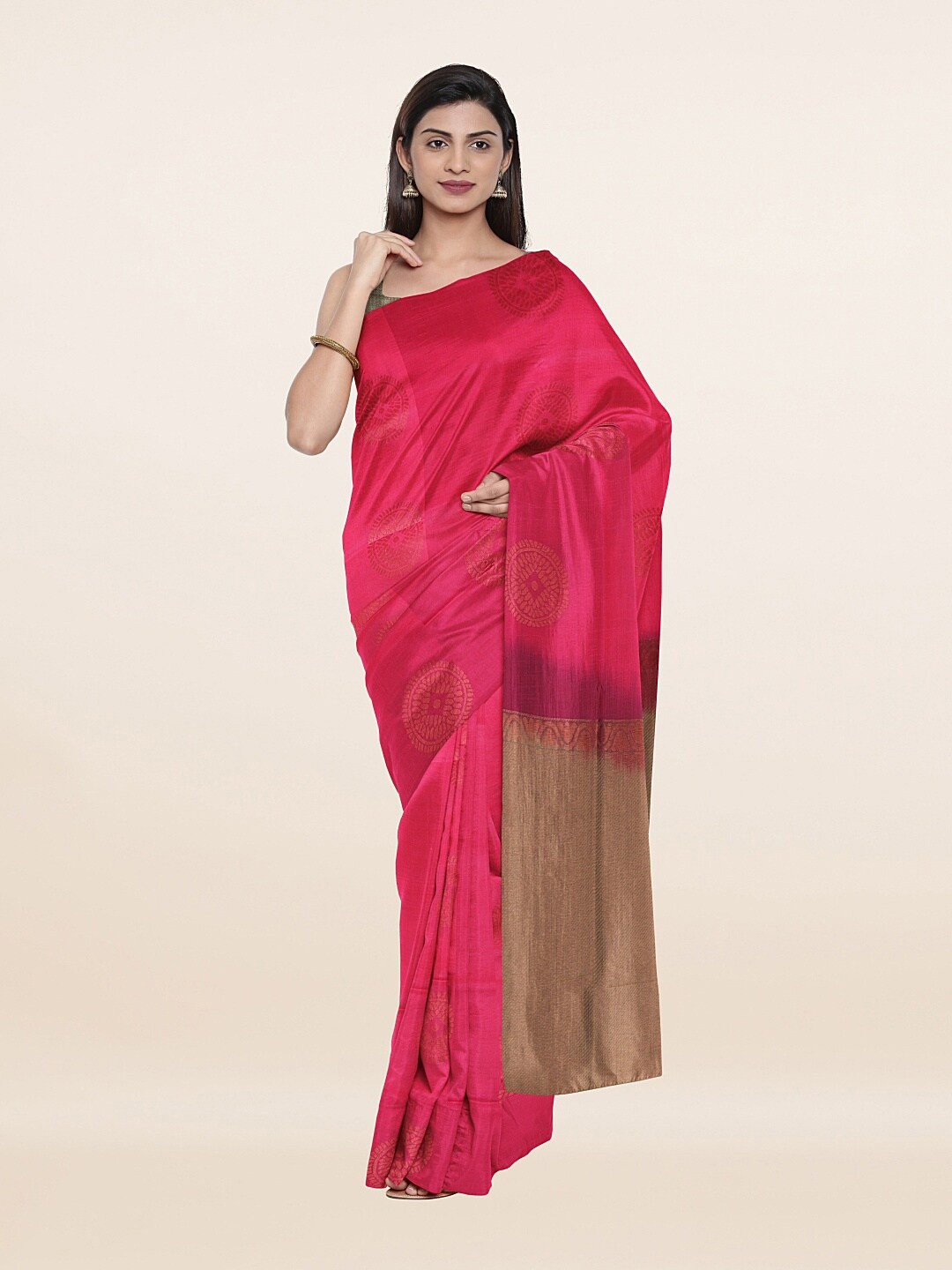 

Pothys Pink & Gold-Toned Ethnic Motifs Zari Art Silk Saree
