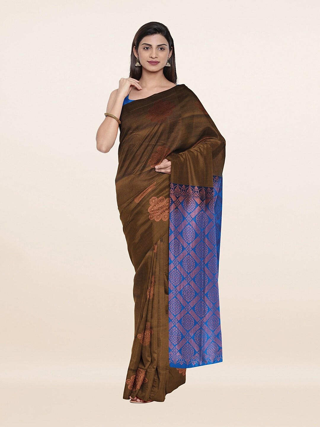 

Pothys Brown & Blue Ethnic Motifs Zari Art Silk Saree