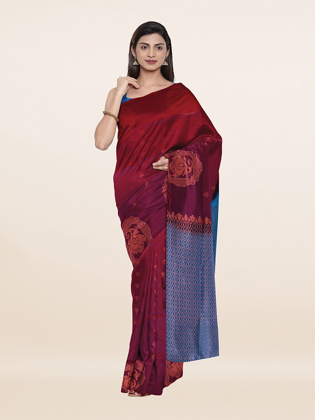 

Pothys Magenta & Blue Ethnic Motifs Zari Art Silk Saree