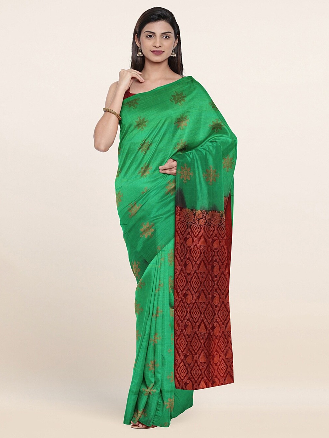 

Pothys Green & Maroon Ethnic Motifs Art Silk Saree