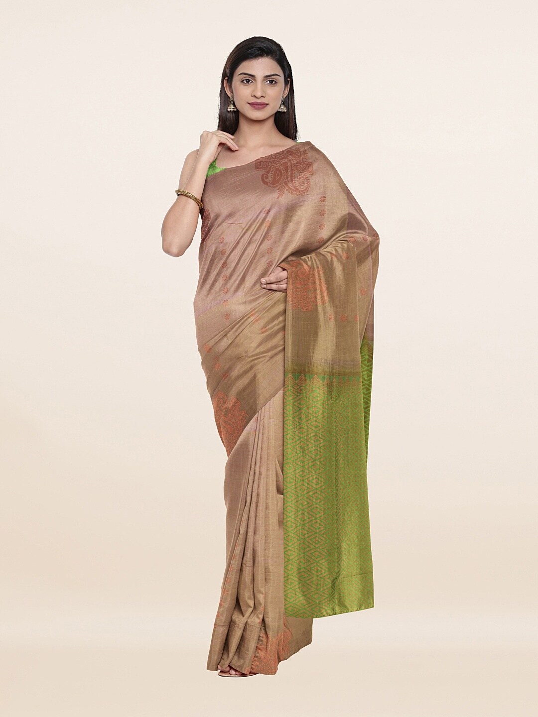 

Pothys Tan & Gold-Toned Ethnic Motifs Zari Art Silk Saree