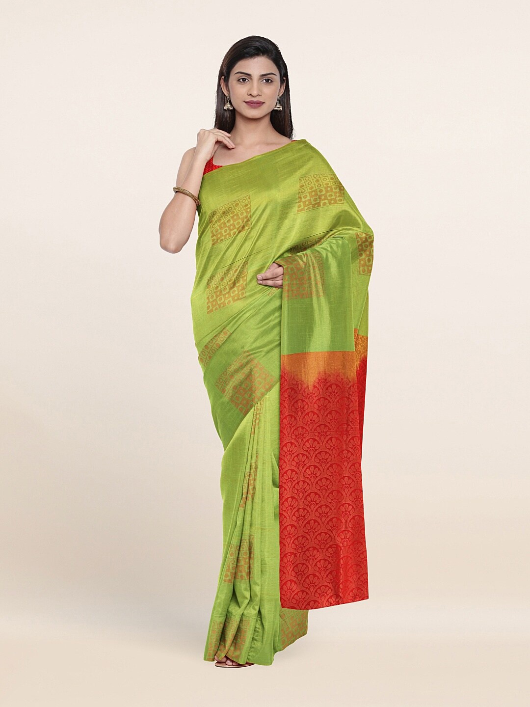 

Pothys Green & Red Ethnic Motifs Zari Art Silk Saree