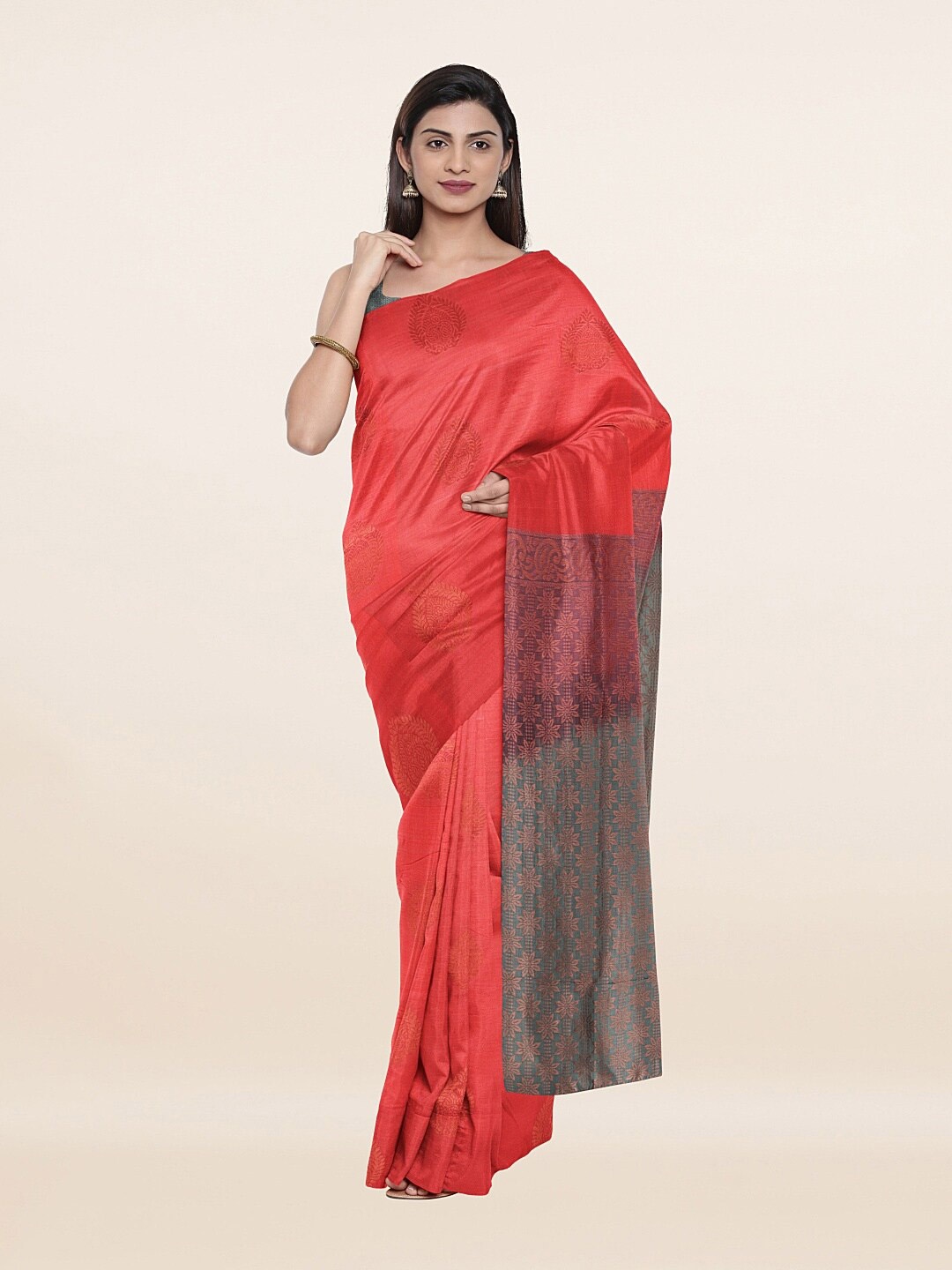 

Pothys Pink & Grey Ethnic Motifs Zari Art Silk Saree