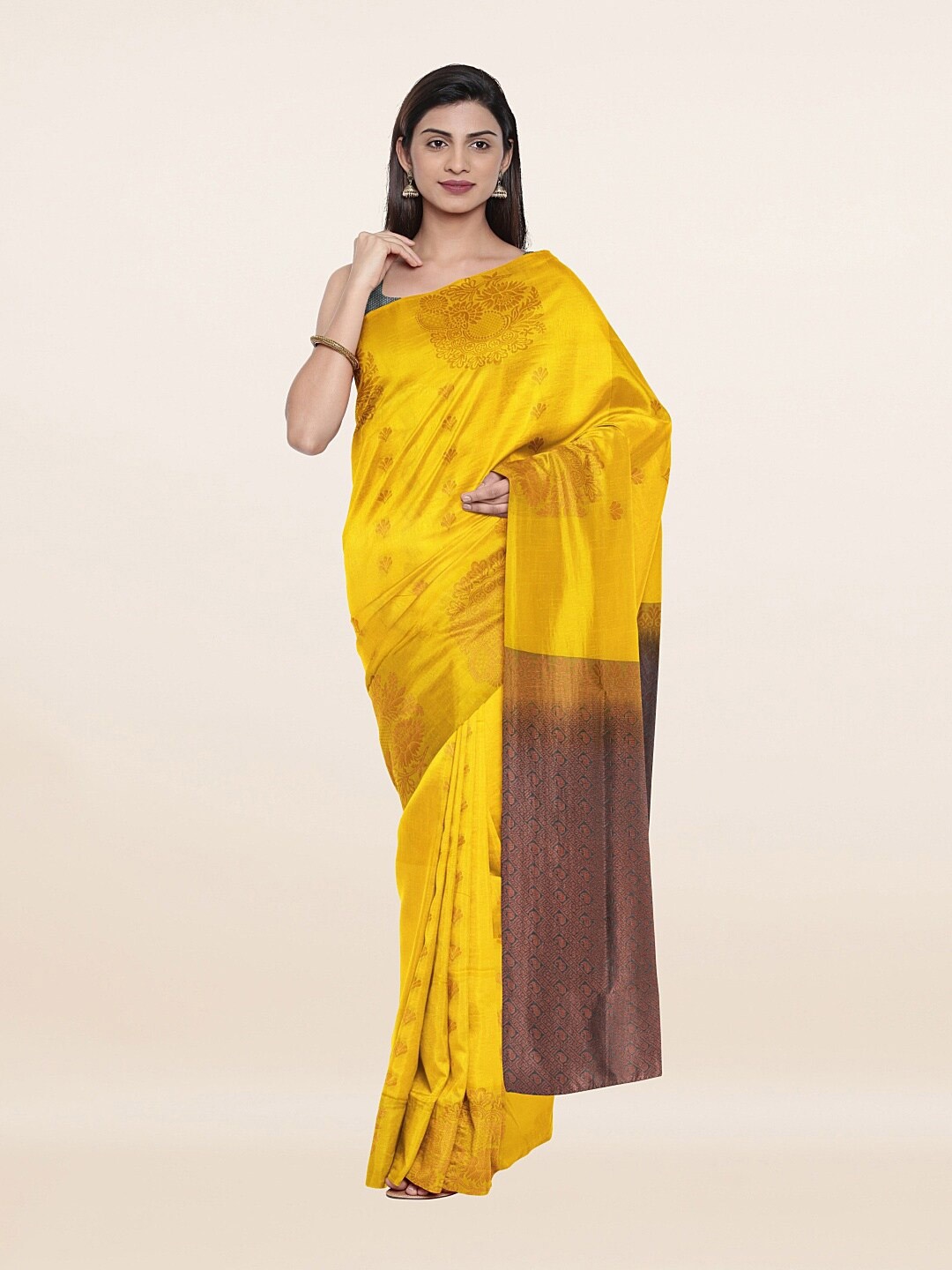

Pothys Yellow & Grey Ethnic Motifs Zari Art Silk Saree