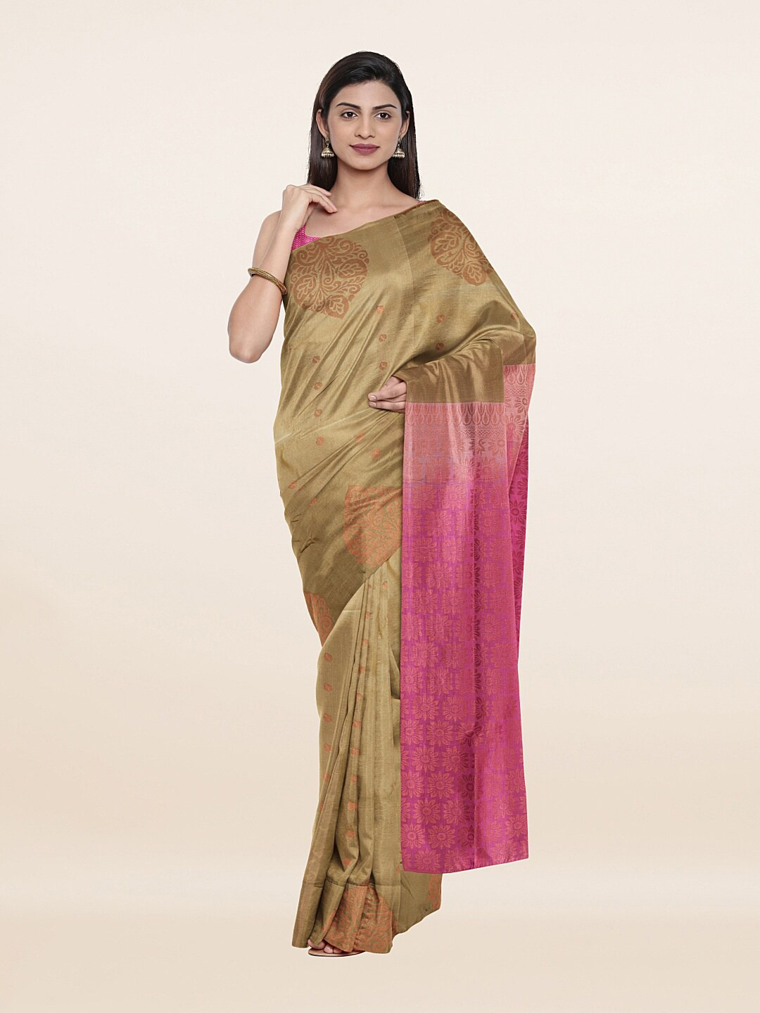 

Pothys Green & Pink Ethnic Motifs Art Silk Saree