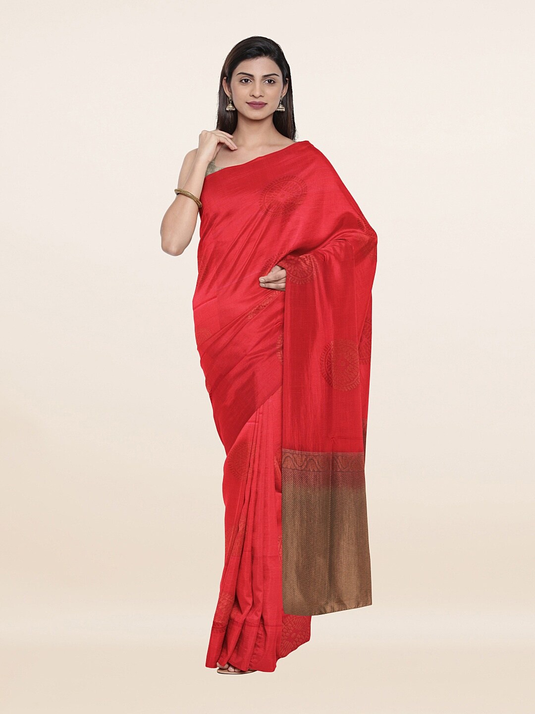 

Pothys Pink & Brown Ethnic Motifs Art Silk Saree