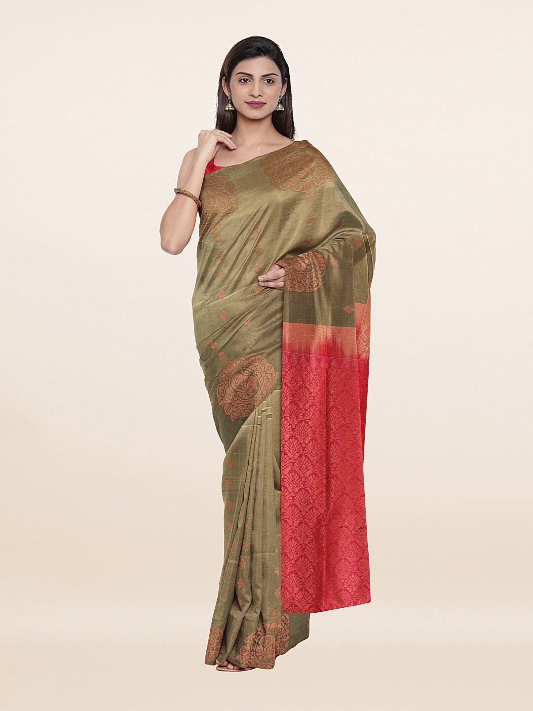 

Pothys Green & Pink Ethnic Motifs Zari Art Silk Saree