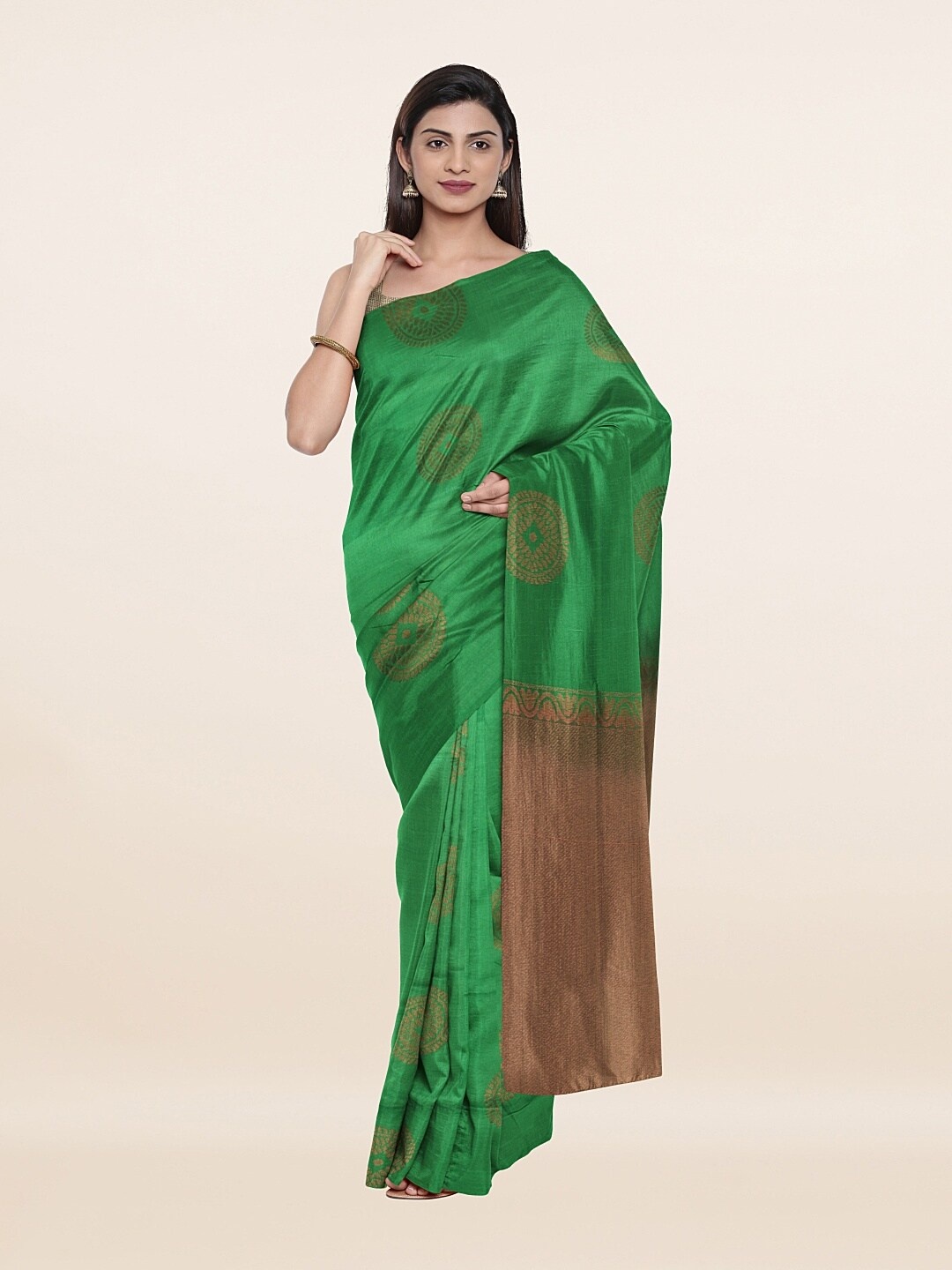 

Pothys Green & Gold-Toned Ethnic Motifs Zari Art Silk Saree