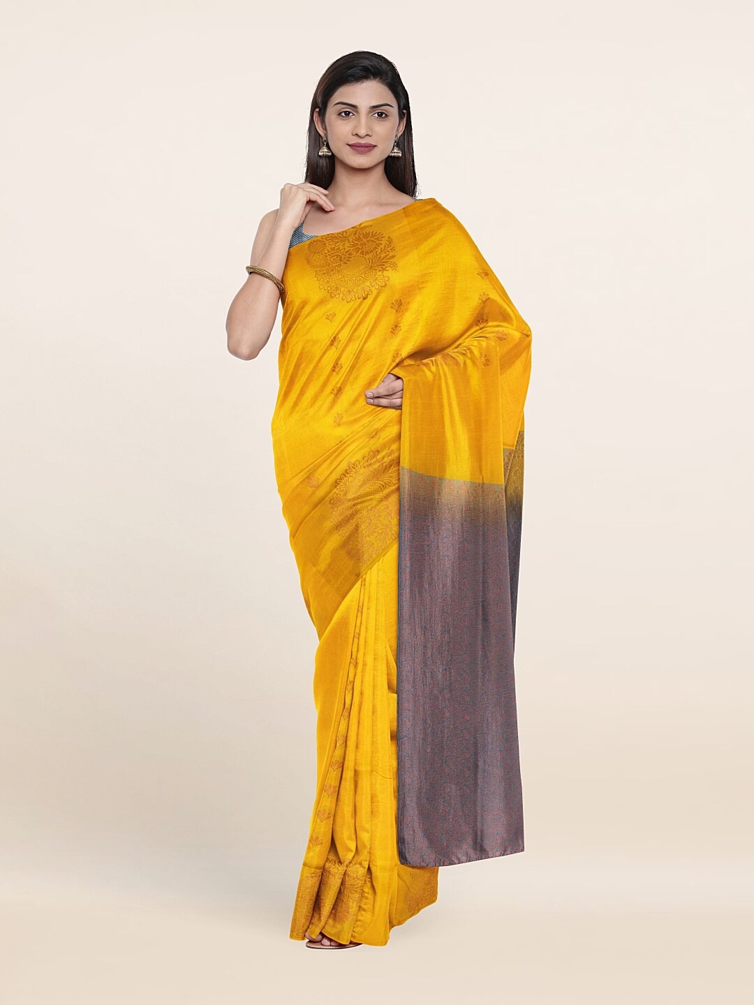 

Pothys Yellow & Grey Ethnic Motifs Zari Art Silk Saree
