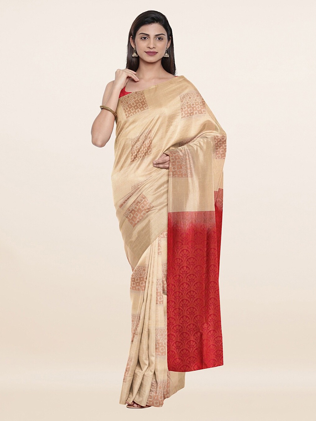 

Pothys Beige & Red Ethnic Motifs Art Silk Saree