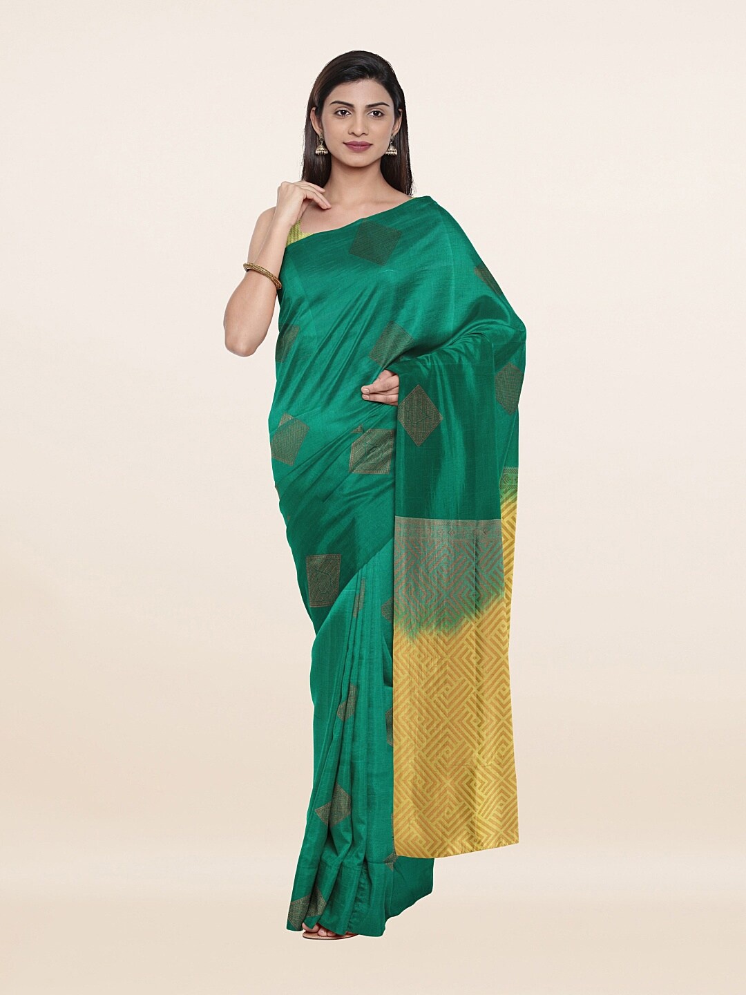 

Pothys Green & Yellow Ethnic Motifs Zari Art Silk Saree